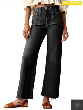 High Waisted Cropped Straight Leg Jeans Raw Hem Denim Pants
